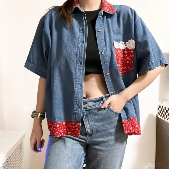 Vintage PTNY Denim Chambray and Calico Short Sleeve Button Up Blouse - Picture 2 of 4